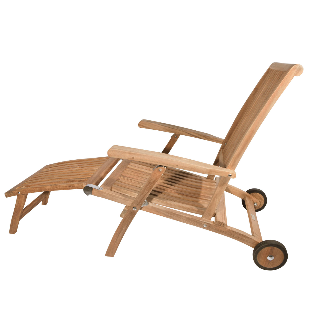 Side view of single teak reclining lounger chair with wheels, armrests and footrest