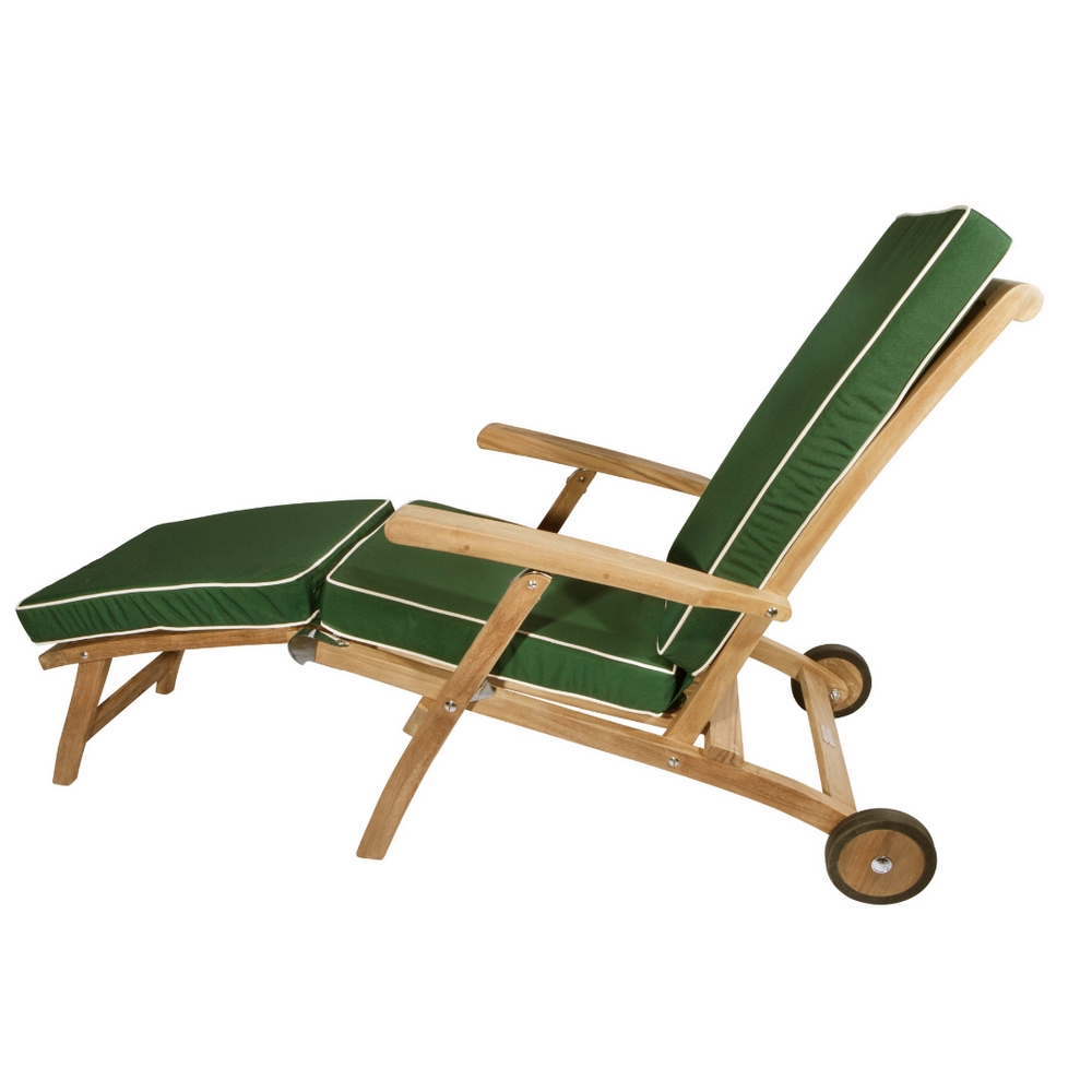 Side view of teak reclining lounger chair with two wheels for easy movement and a green full length cushion with white trim. 