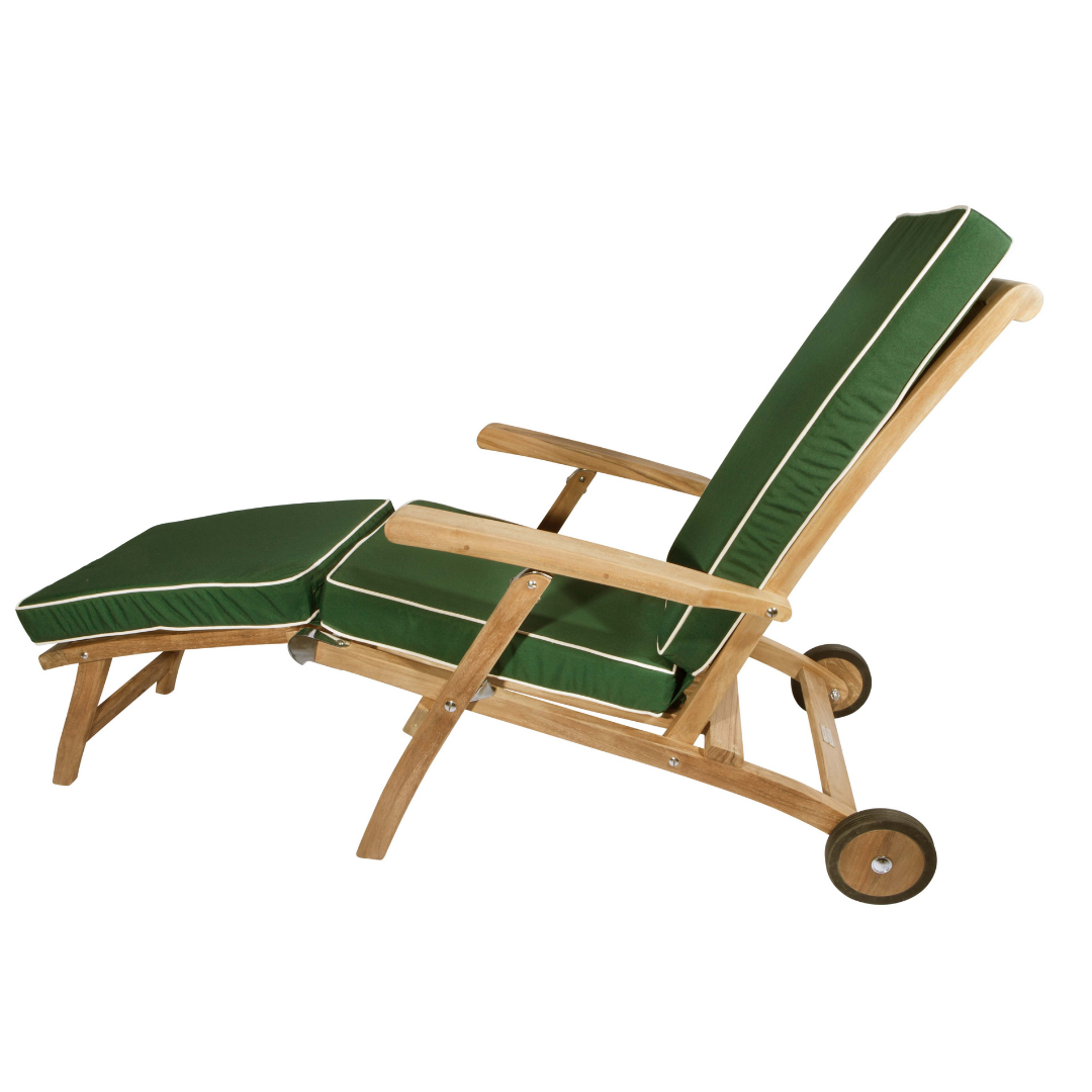Side view of teak reclining lounger chair with two wheels for easy movement and a green full length cushion with white trim. 