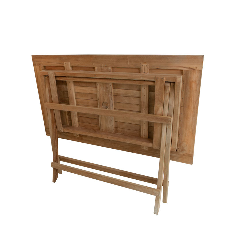 Teak Folding Rectangular Dining Table in folded flat position to demonstrate size when folded, on a white background