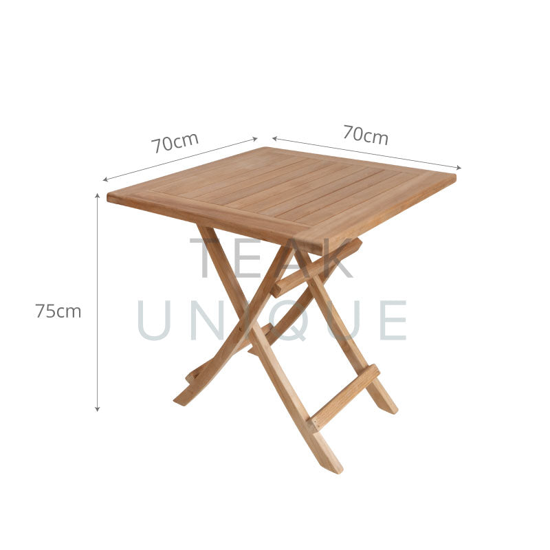 
                  
                    Small square teak folding table with dimensions displayed, measuring 70cm wide and deep and 75cm high
                  
                