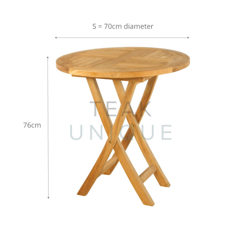 
                  
                    Small round teak folding table with dimensions displayed, measuring 76cm high and 70cm diameter
                  
                