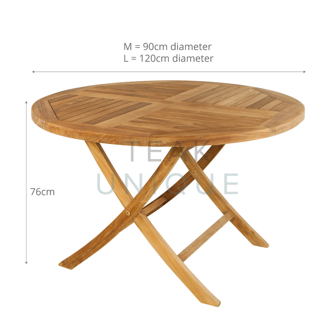 Teak round folding table with slatted table top with slats arranged in a central cross. Dimensions are displayed for medium and large tables. Both measure 76cm high. Medium is 90cm diameter. Large is 120cm diameter. 