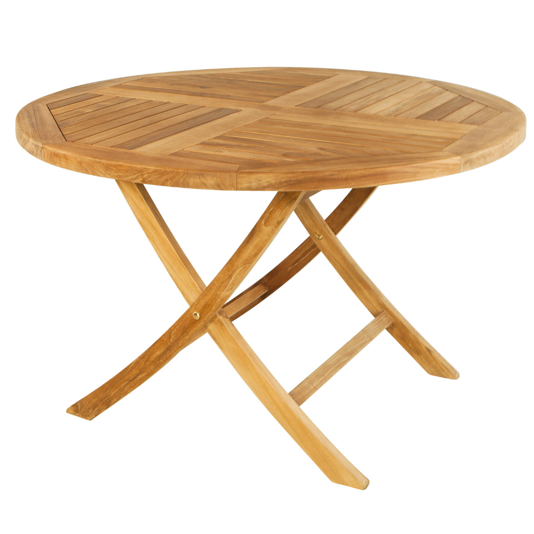 A foldable round teak table with slatted table top, on a white background. 