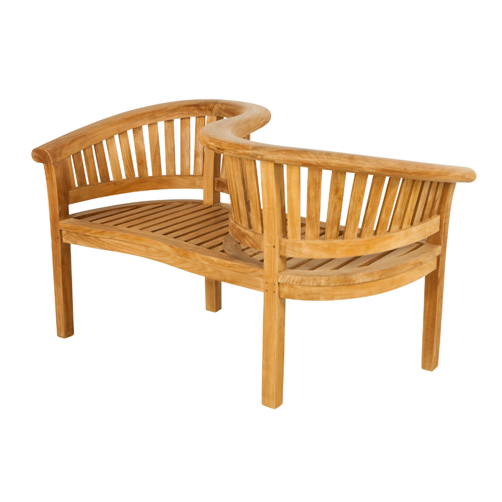 Teak love seat with s-shaped curved backrest and four legs on a white background. 
