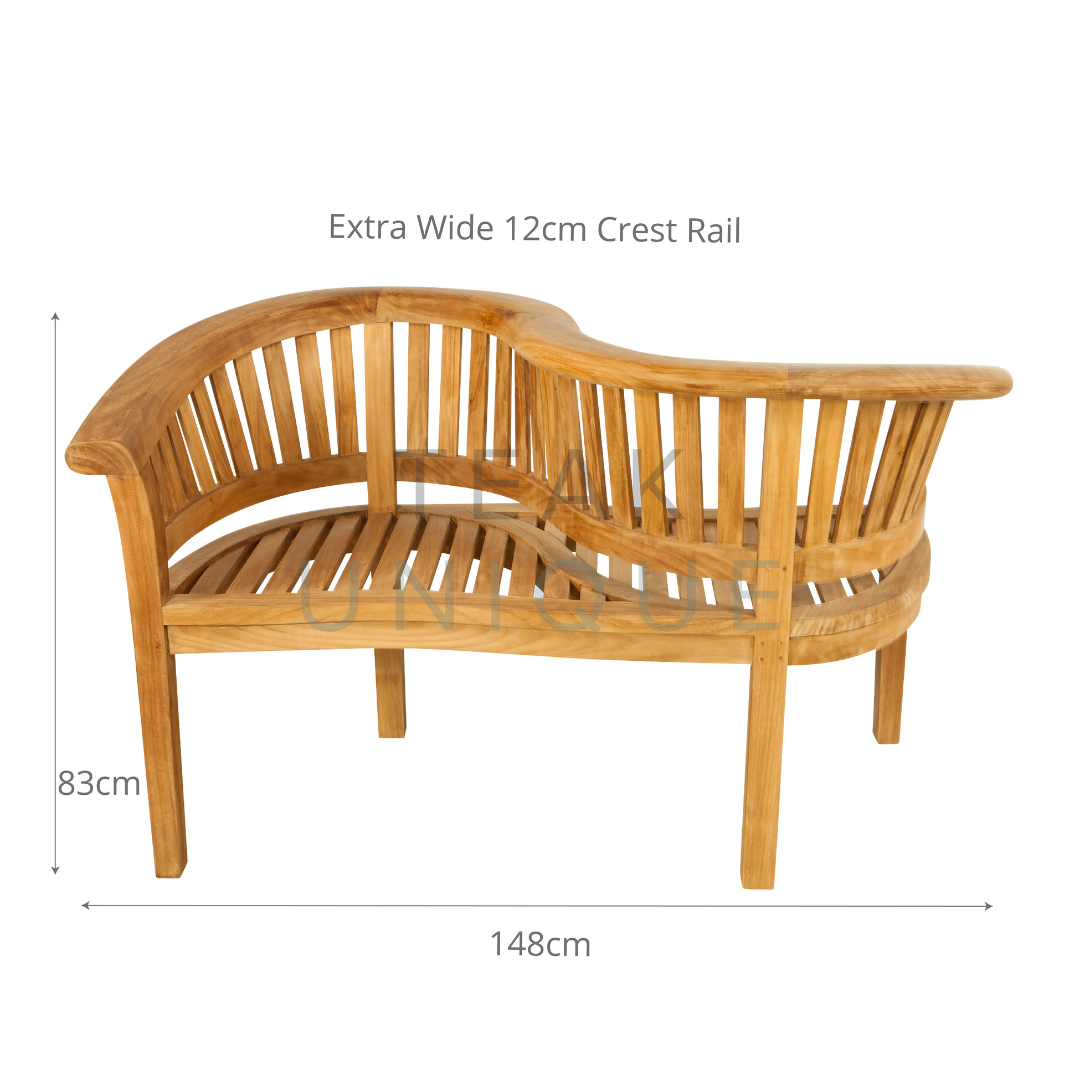 Teak love seat with s-shaped curved backrest. Dimensions measure 148cm long and 83cm high. 