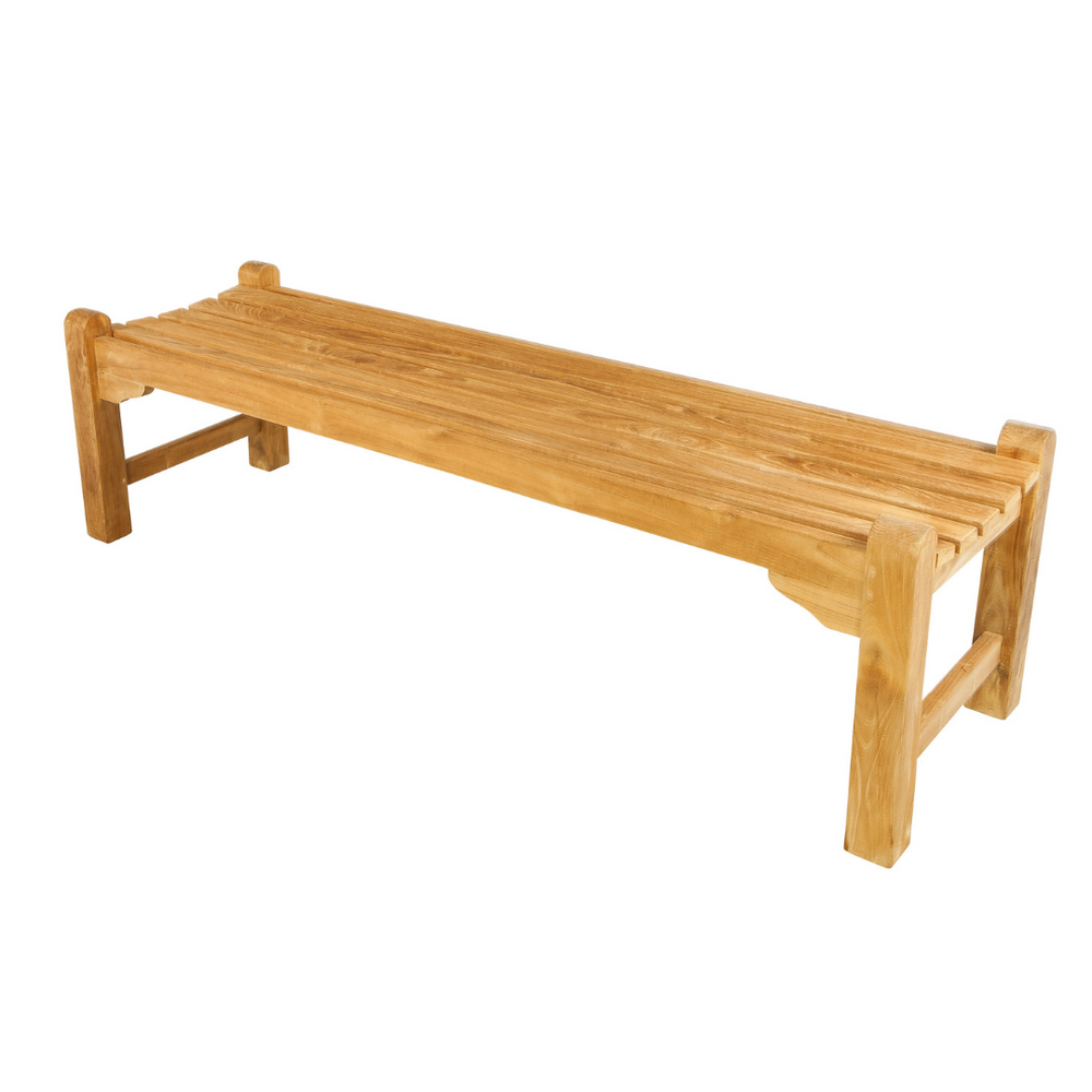 
                  
                    Teak slatted bench without backrest or armrests, on a white background. 
                  
                