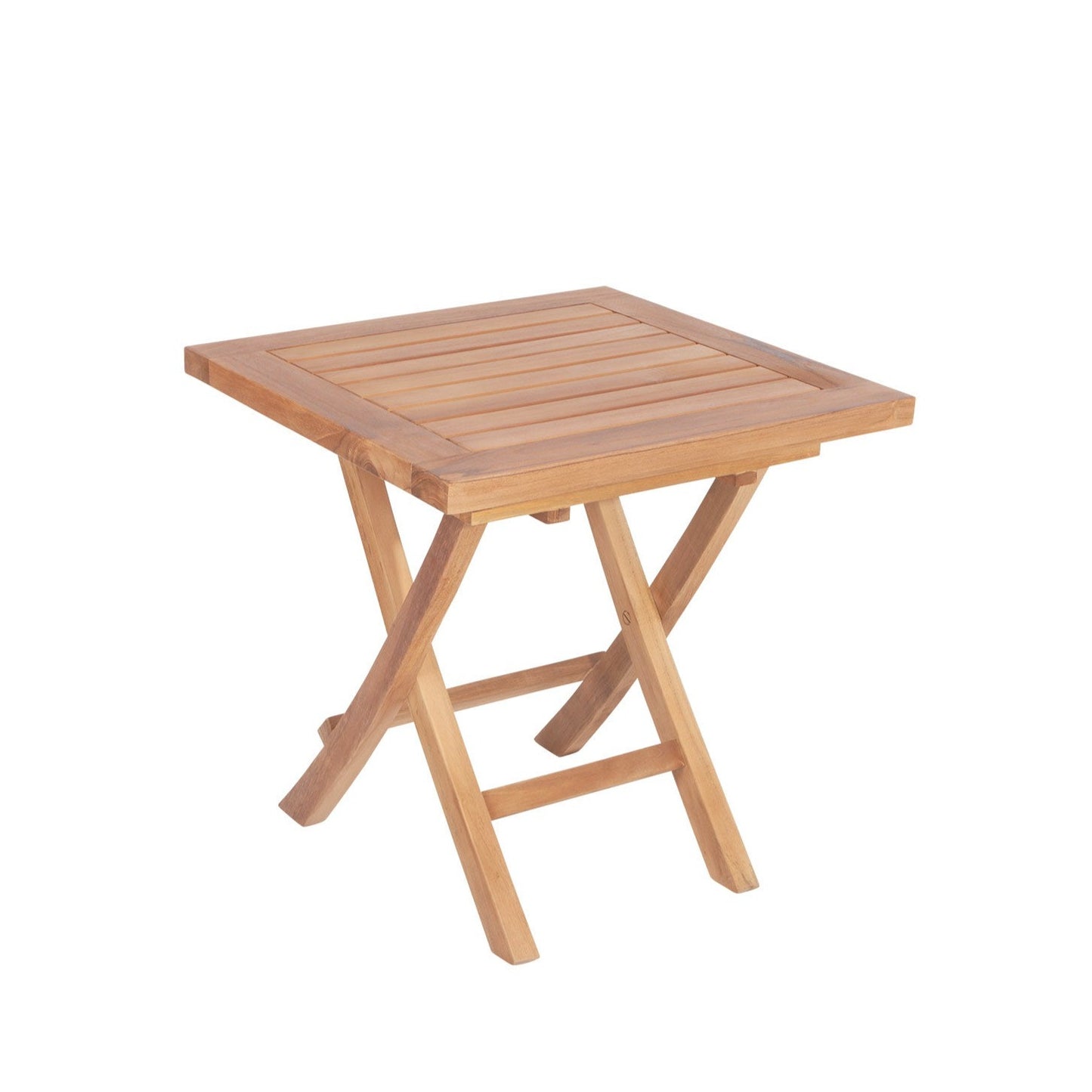 Small teak, square folding coffee table, on a white background. 