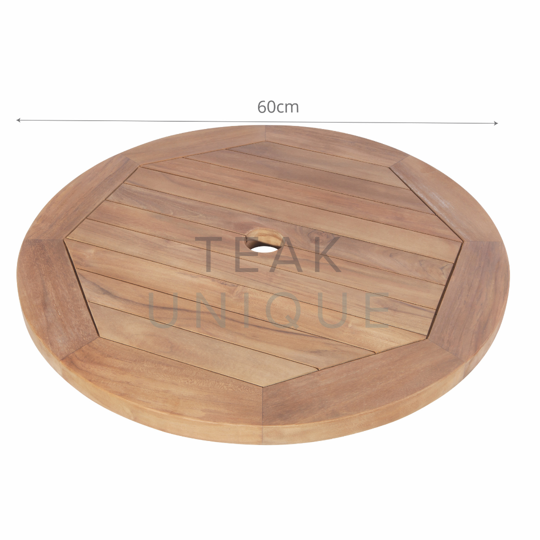 Circular teak lazy susan turntable with central hole, on a white background. The diameter dimension is displayed as 60cm  