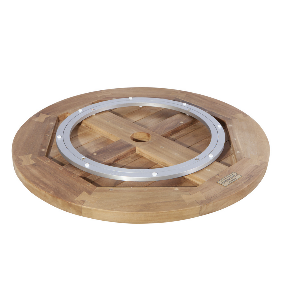 
                  
                    Underside of teak lazy susan turntable with rotating mechanism displayed. 
                  
                