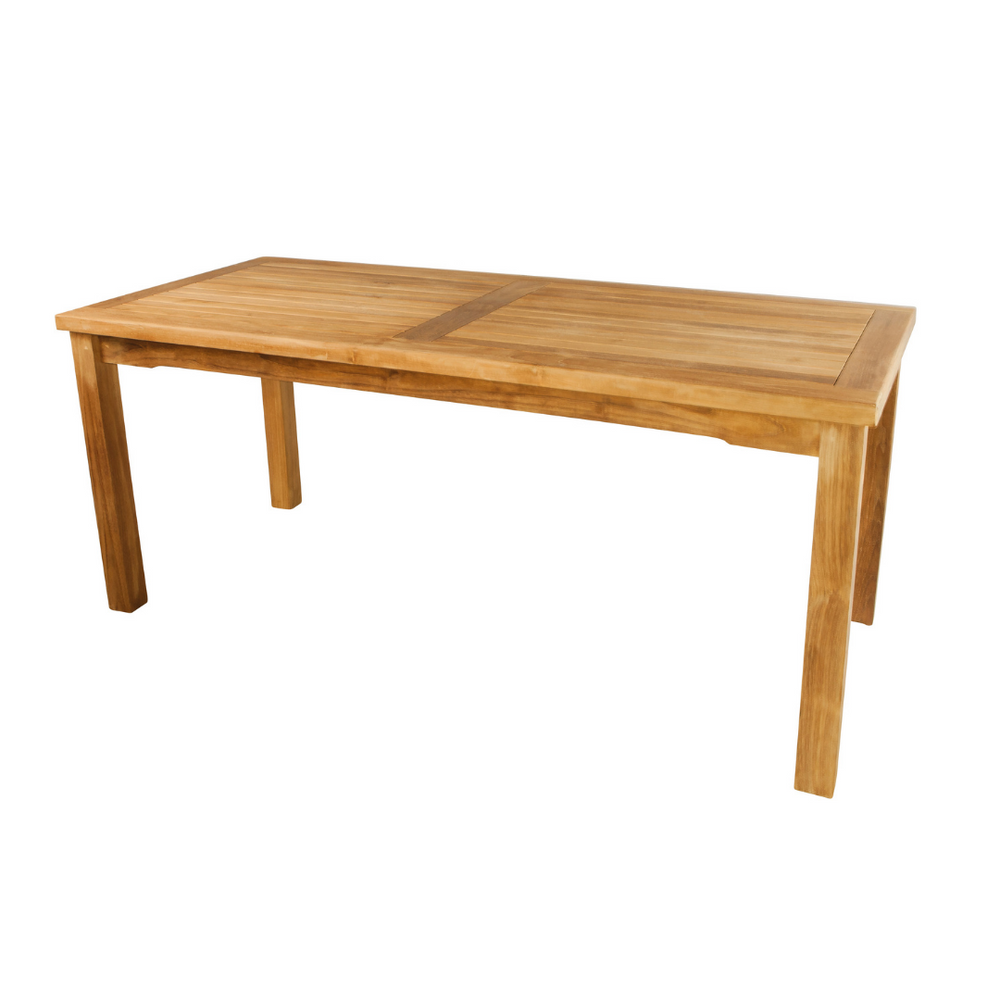 A rectangular teak dining table on a white background. The table has a slatted design with a central bar and square legs. 