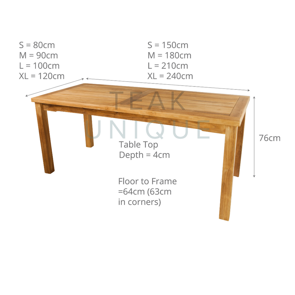
                  
                    Teak rectangular dining table with slatted tabletop and square legs. Dimensions displayed for four sizes.  
                  
                