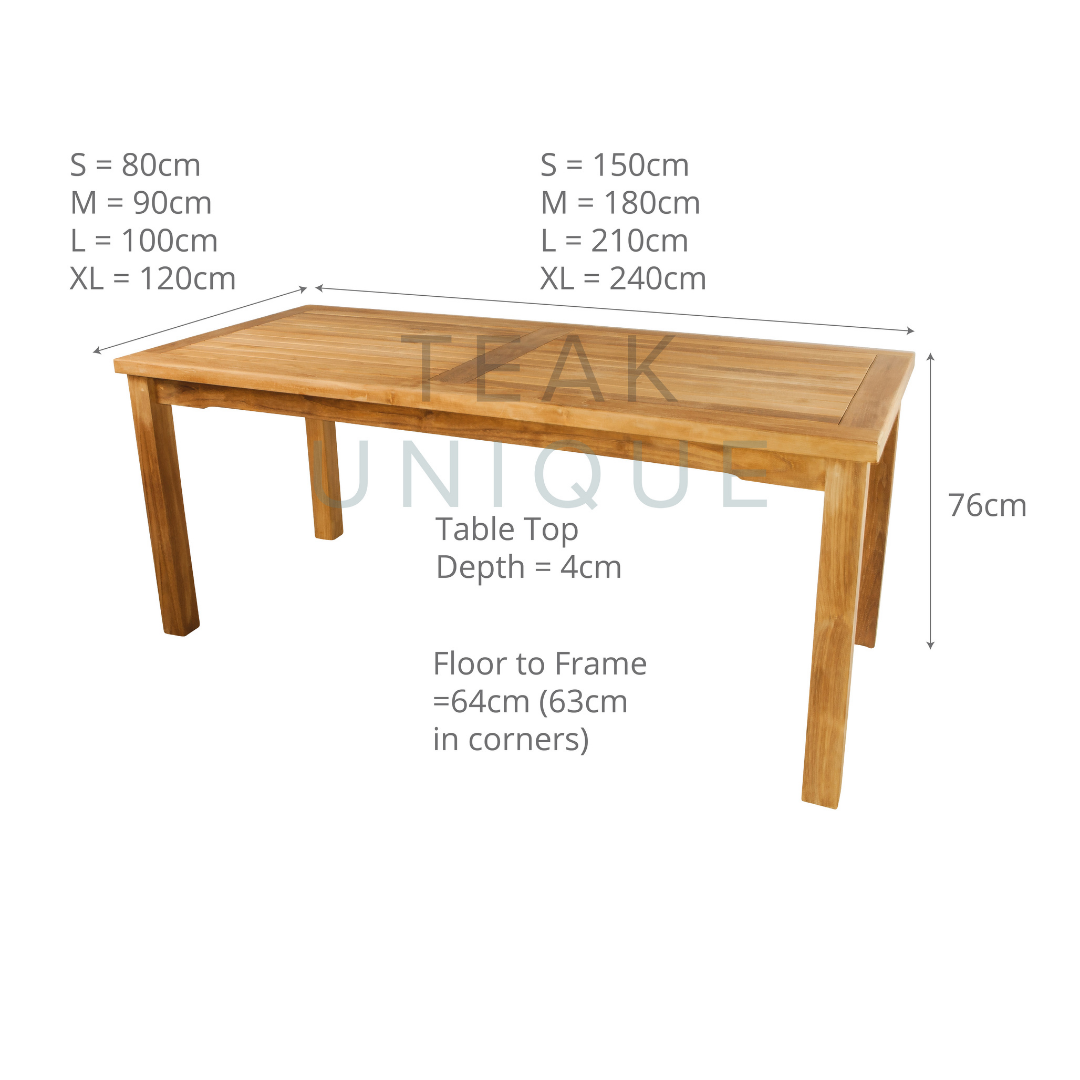 Teak rectangular dining table with slatted tabletop and square legs. Dimensions displayed for four sizes.  