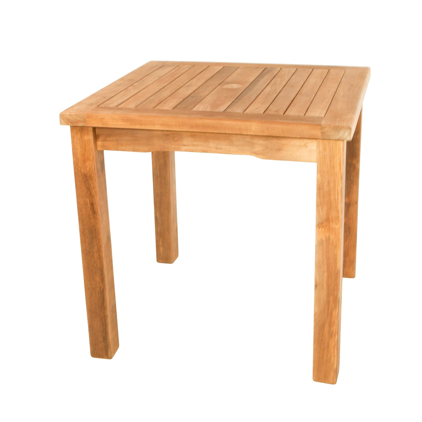 Teak square table with slatted tabletop and four square legs, on a white background