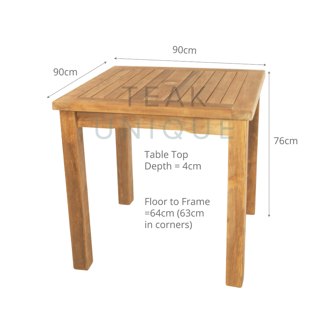 Square teak table on white background with dimensions displayed. The table measures 76cm high, 90cm wide and 90cm deep. The table top is 4cm deep.