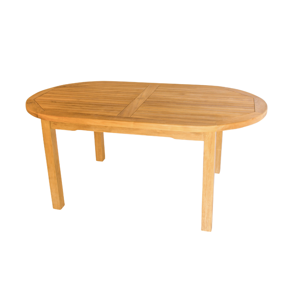 
                  
                    Teak oval table with slatted tabletop and straight legs, on a white background. 
                  
                