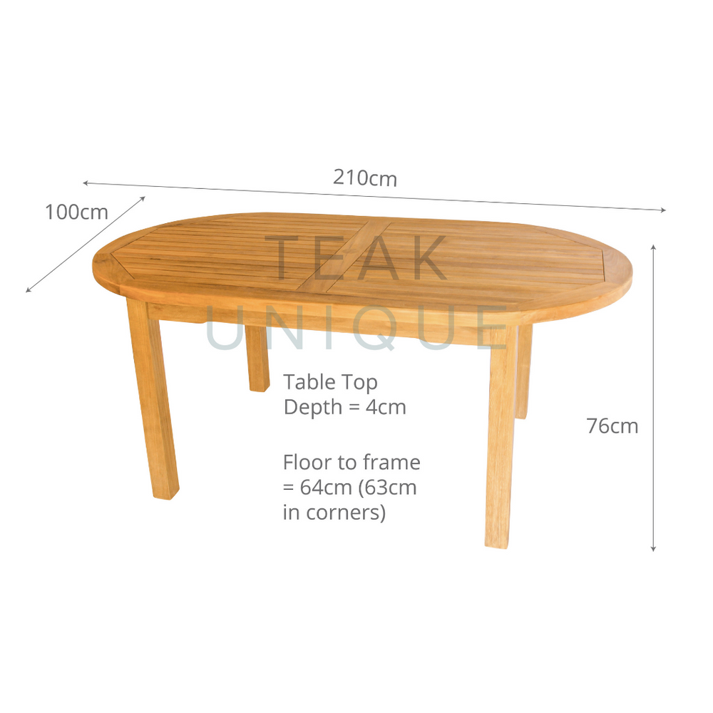 
                  
                    Teak oval table on white background with dimensions displayed. The table measures 76cm high, 210cm wide and 100cm deep. 
                  
                