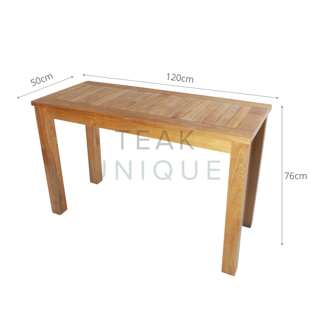 
                  
                    Teak rectangular side table with narrow, slatted table top measuring 50cm deep and 120cm long. The table is 76cm high. 
                  
                