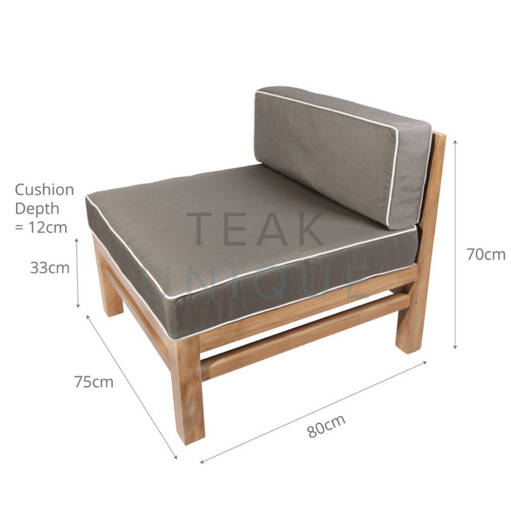 
                  
                    Teak framed outdoor sofa mid section with grey cushions with white trim. Dimensions are displayed measuring 70cm high, 80cm deep and 75cm wide. 
                  
                