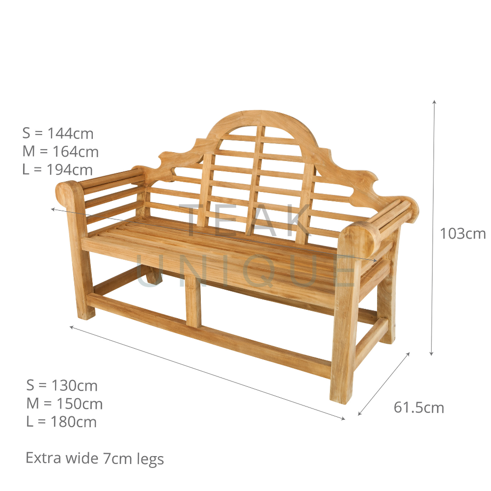Teak bench with ornate curved backrest and curved armrests. The dimensions for three sizes of the bench are displayed. 