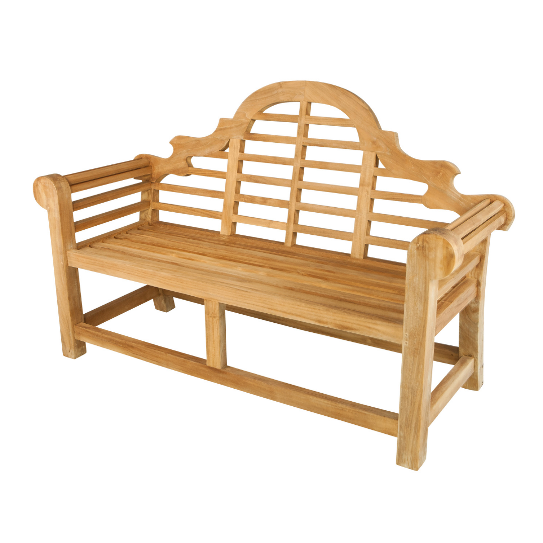 A teak bench with a curved backrest and rounded scroll-shaped arms, on a white background