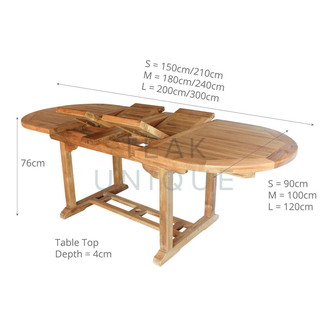 Teak Oval extending table with additional leaves lifted to demonstrate size and mechanism. Dimensions displayed for three sizes. All are 76cm high, with 4cm deep tabletop. Small is 90cm wide and  150cm or 210cm long. Medium is 100cm wide and 180cm or 240cm long. Large is 120cm wide and 200 or 300cm long.   