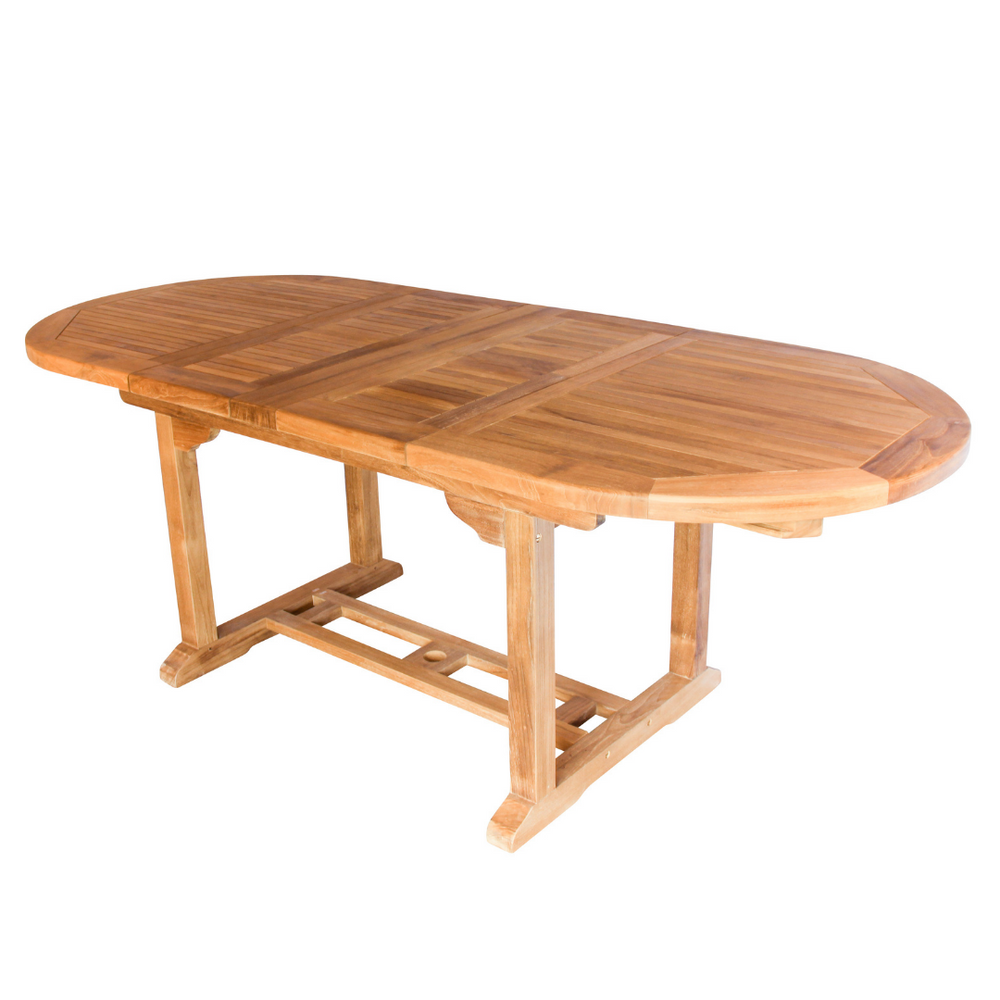 Teak oval extending table with four legs joined by central bar, on a white background 