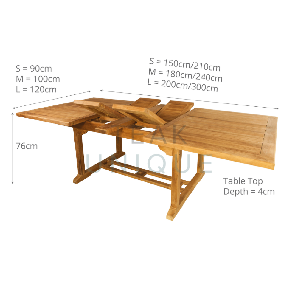 
                  
                    Teak rectangular extending table with extendable panels lifted to demonstrate size. Dimensions are displayed for three sizes of table.  
                  
                