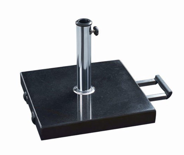 A polished black granite effect 40kg parasol base with a retractable smooth sliding handle and side wheels.