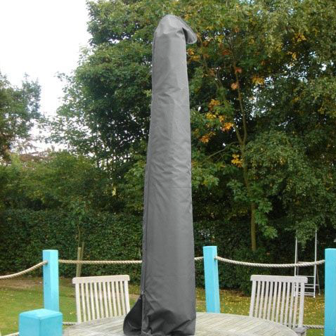 
                  
                    A grey weather cover fitted over a garden parasol, with trees and outdoor furniture in the background.
                  
                