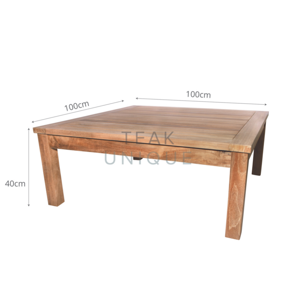 
                  
                    Teak square coffee table with slatted table top and short square legs, on a white background. The dimensions are displayed, measuring 100cm wide and 100cm deep and 40cm high. 
                  
                