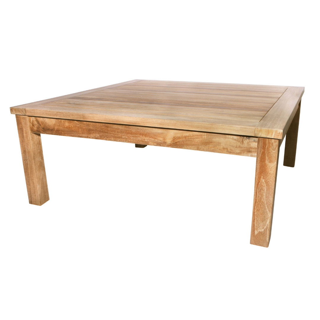 Teak square coffee table with slatted table top and short legs, on a white background
