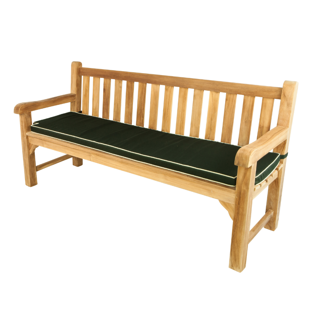 Teak wooden bench with green seat cushion, square backrest and square legs. The cushion has white trim. The bench is on a white background.  