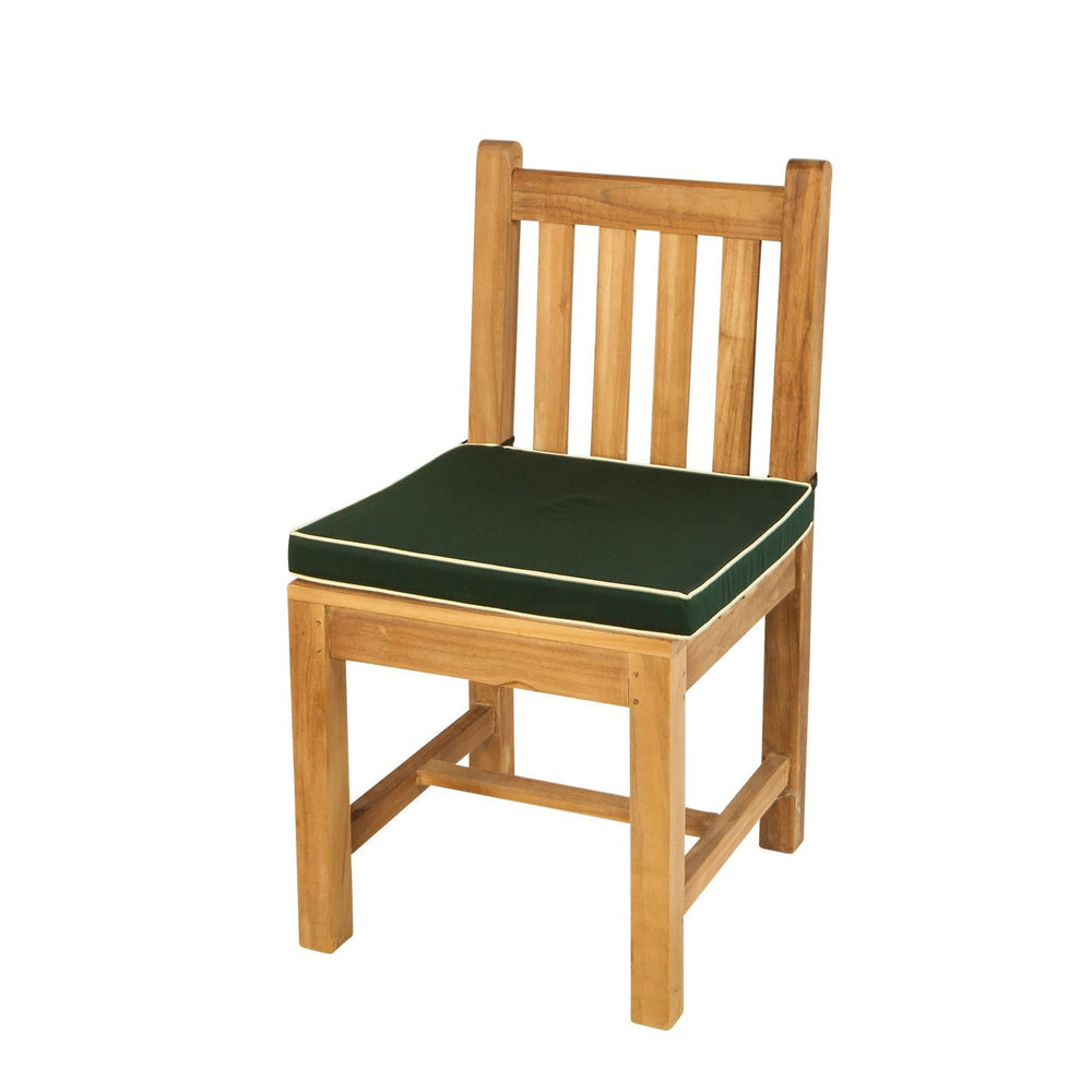 
                  
                    Single teak dining chair with green and white seat cushion, on a white background. 
                  
                