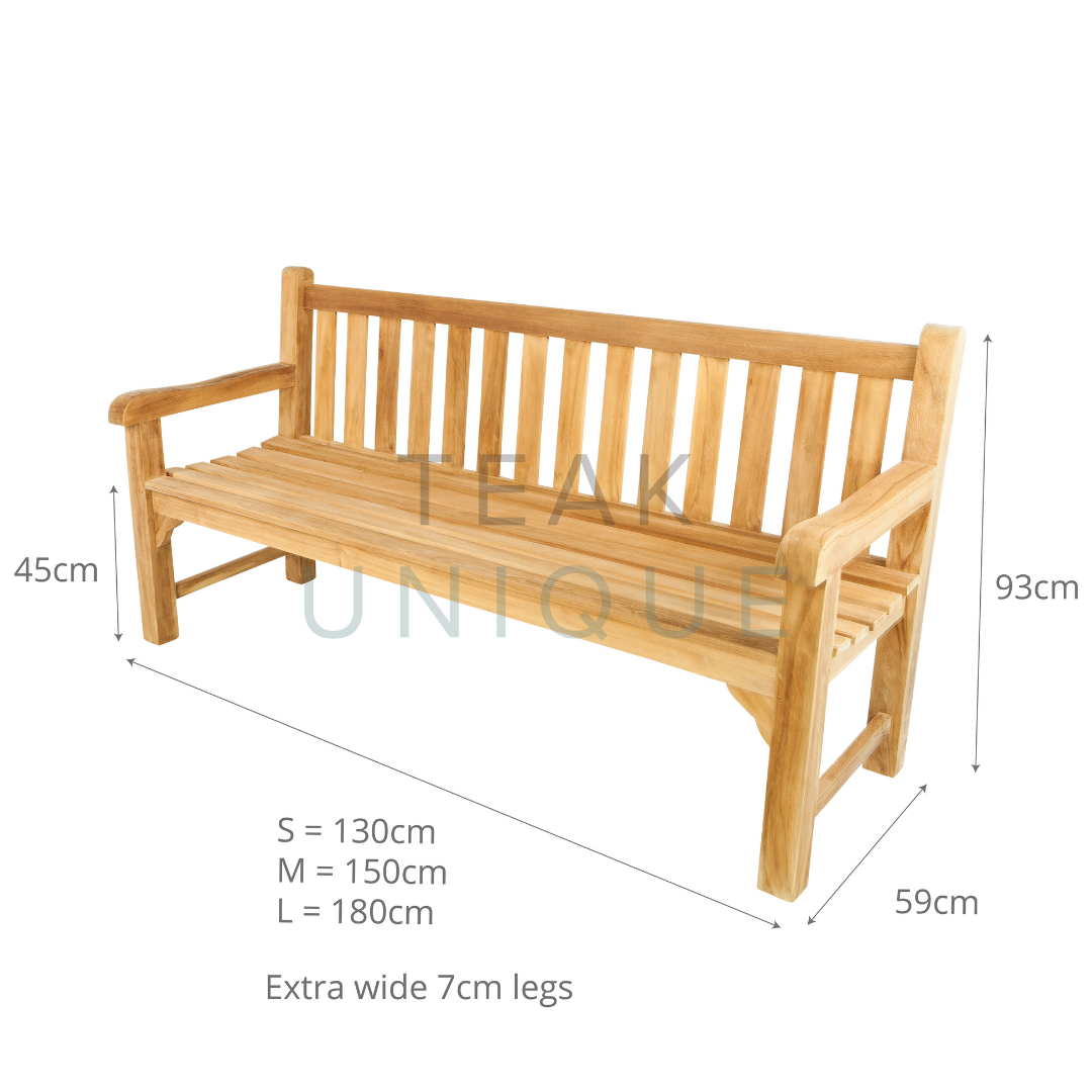 Teak bench with backrest and armrests, on a white background with dimensions displayed. It measures 93cm high, 59cm deep. Small size is 130cm long, medium 150cm and large 180cm. 