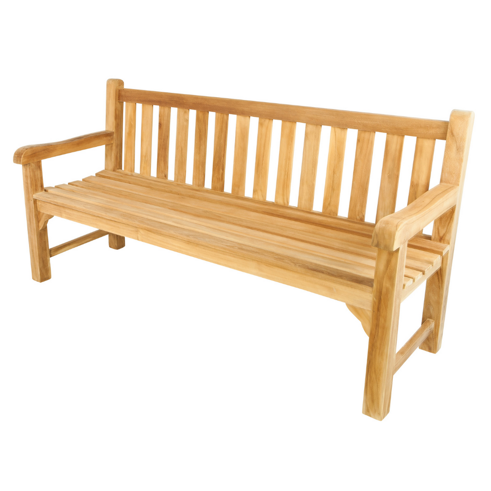 
                  
                    A classic teak garden bench with square backrest and legs, on a white background. 
                  
                