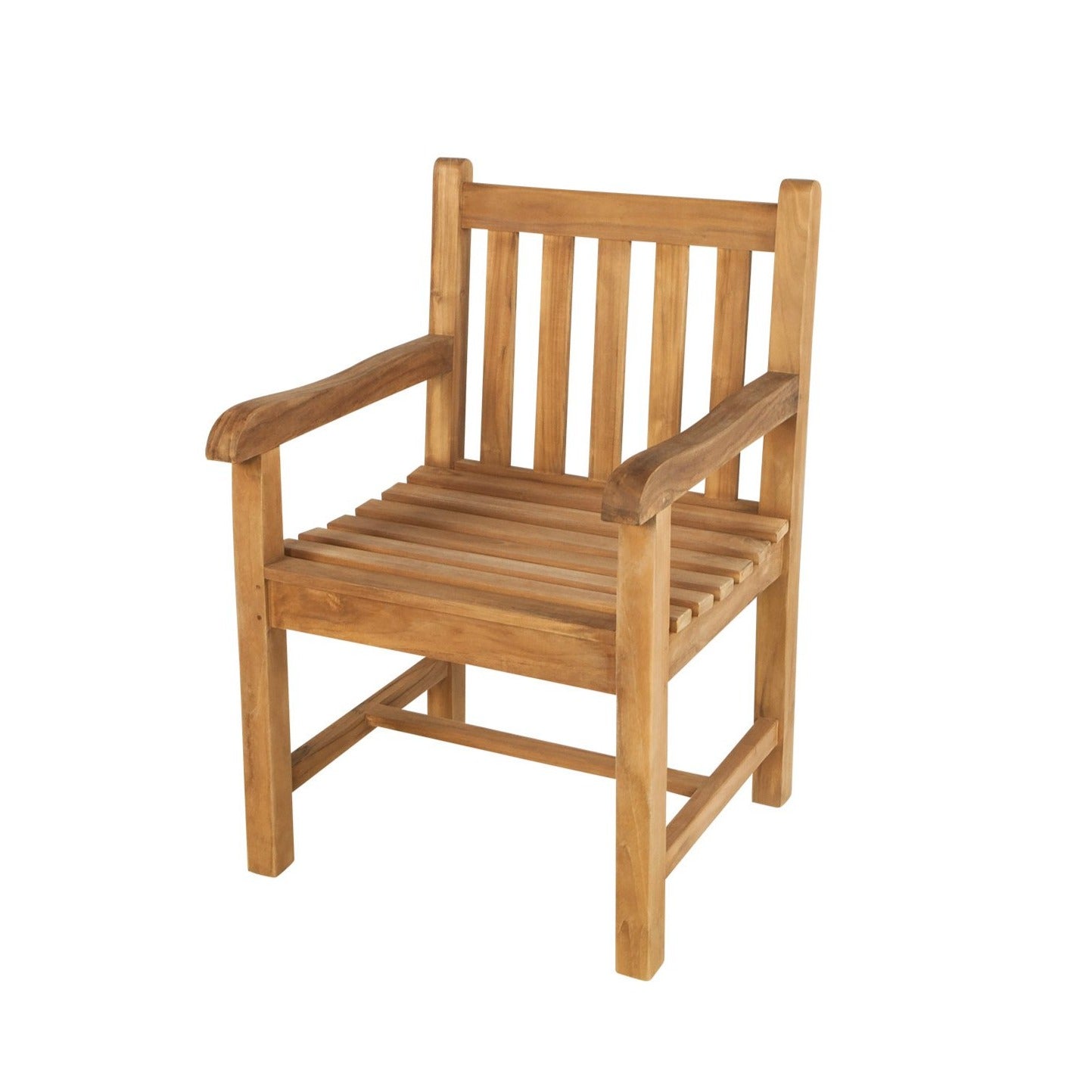 Single teak carver chair with slatted backrest and seat, on a white background. 