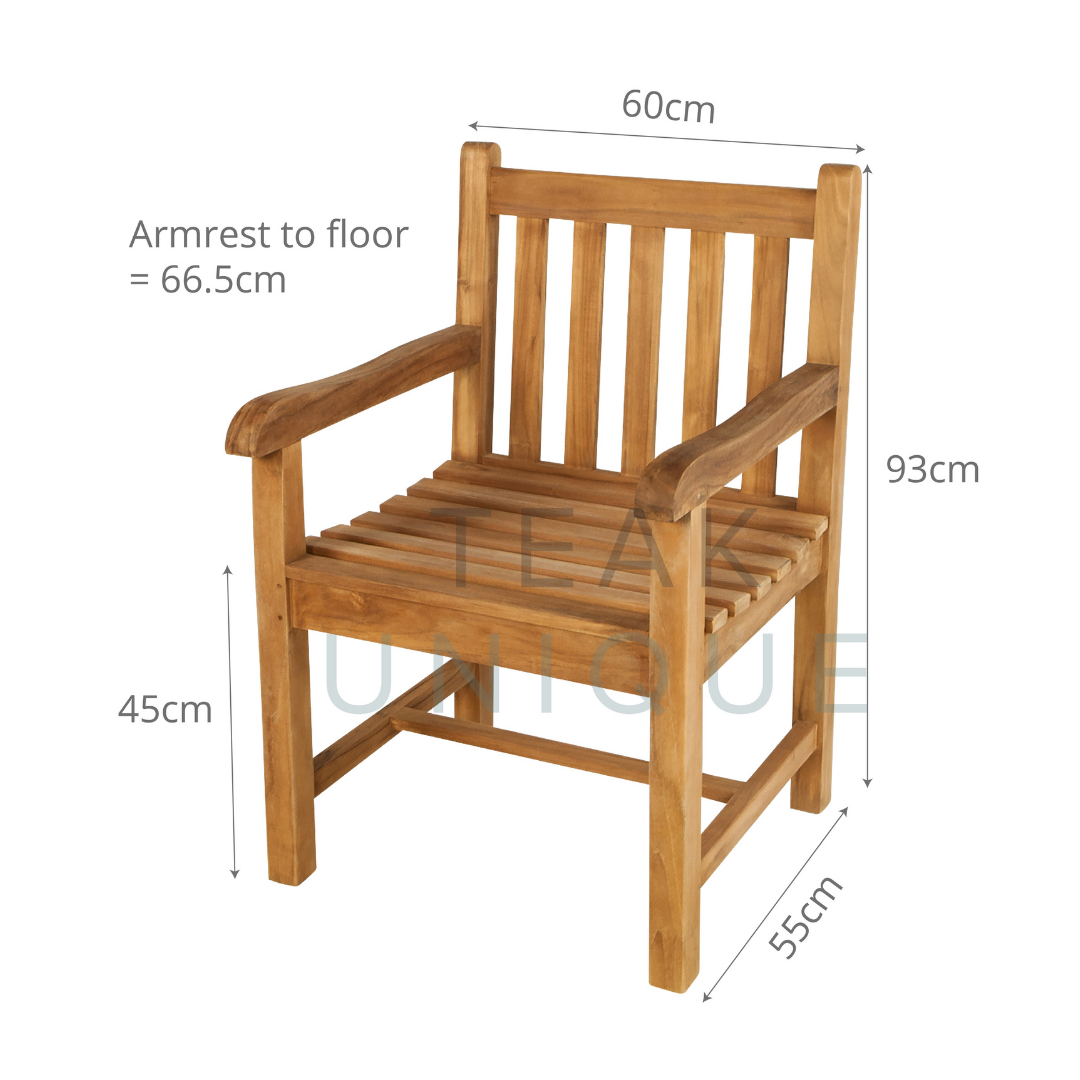 Single teak carver chair with square, slatted back and seat, and armrests. Dimensions displayed measuring 60cm wide, 93cm high and 55cm deep.  