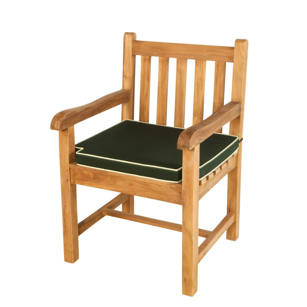 
                  
                    Single teak carver chair with green and white cushion, on a white background. 
                  
                