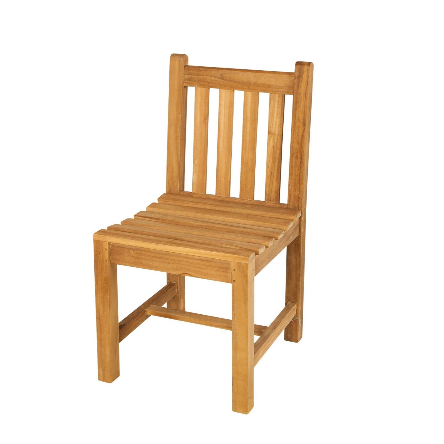 Single teak dining chair with slatted back and seat, on a white background