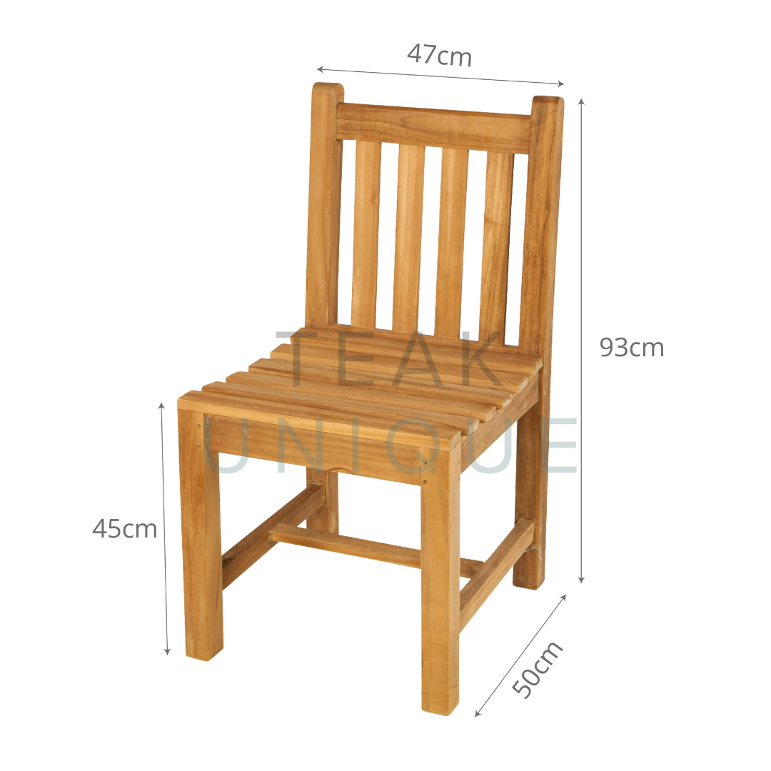 Single teak chair with slatted, straight back and seat and no arms. Dimensions displayed measuring 47cm wide, 93cm high and 50cm deep.  