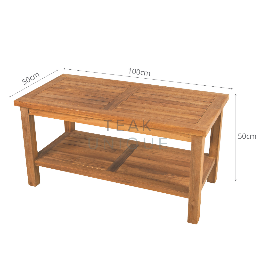 Teak rectangular coffee table with shelf below, on a white background. Dimensions are displayed, measuring 50cm high, 100cm wide and 50cm deep