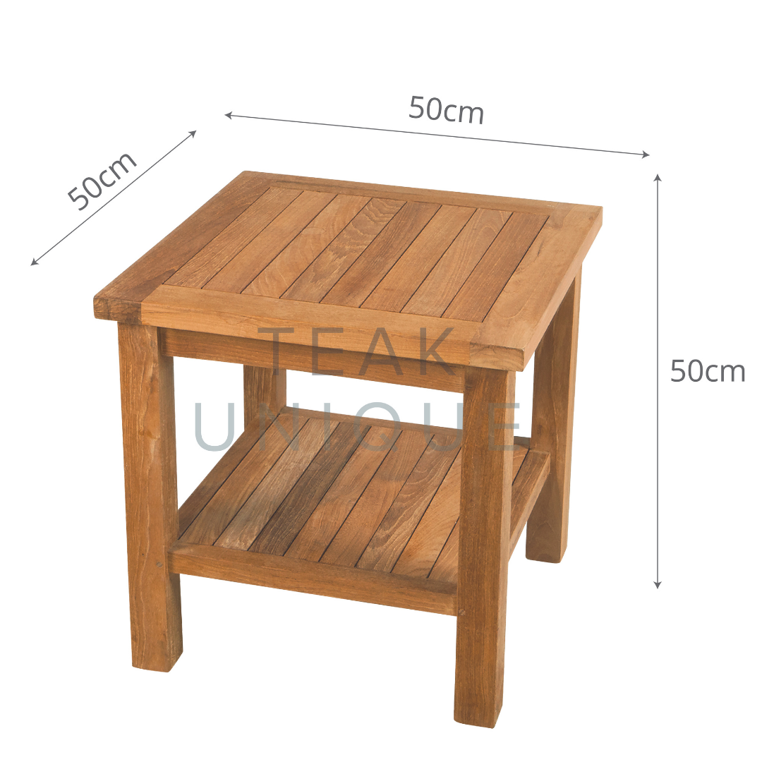 Teak square coffee table with shelf, on a white background. Dimensions are displayed measuring 50cm high, wide and deep. 