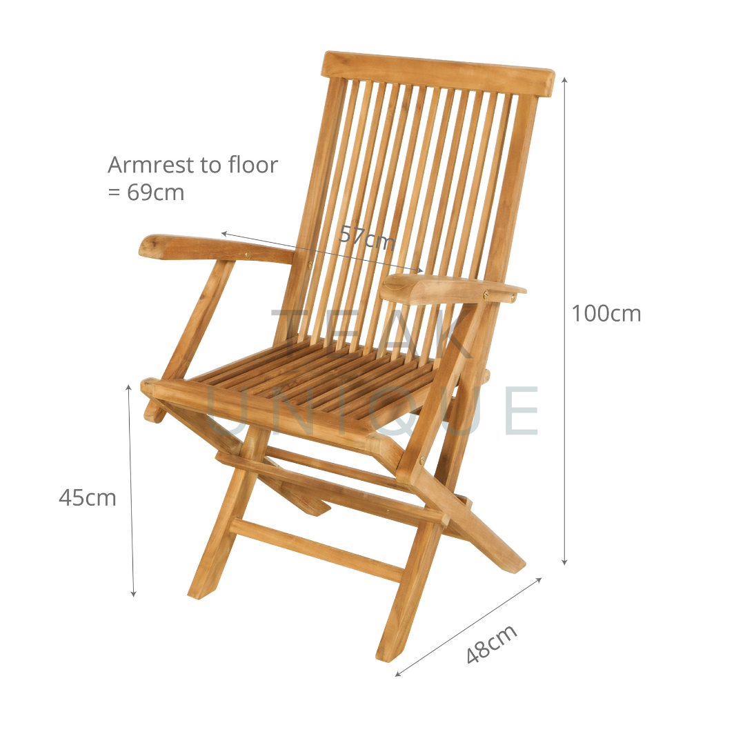 Teak folding carver chair with armrests, slim slatted backrest and seat. Dimensions displayed measuring 100cm high, 48cm deep and 57cm wide. 