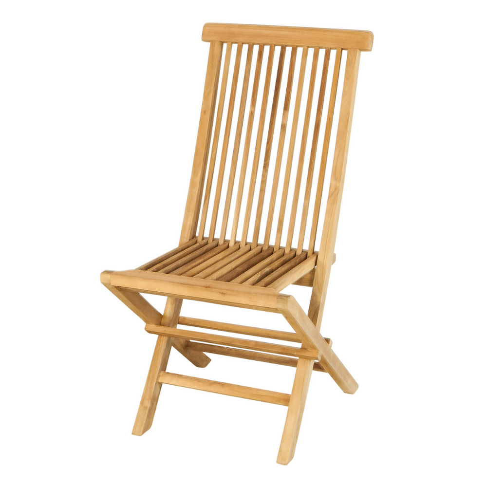 
                  
                    Teak folding dining chair with slim slatted backrest and seat, on white background
                  
                