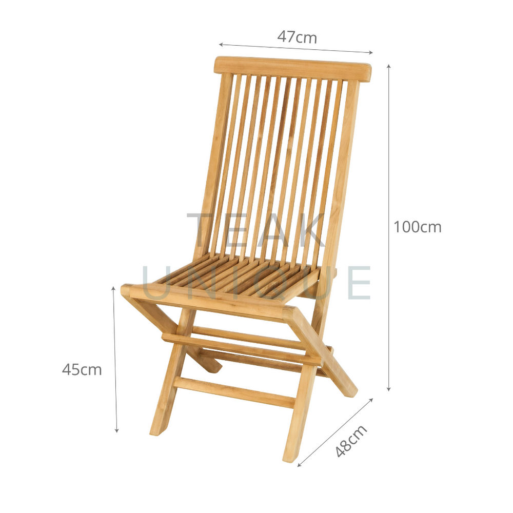 
                  
                    Teak folding chair with slim, slatted backrest and seat with dimensions displayed. Chair measures 47cm wide, 100cm high and 48cm deep. 
                  
                