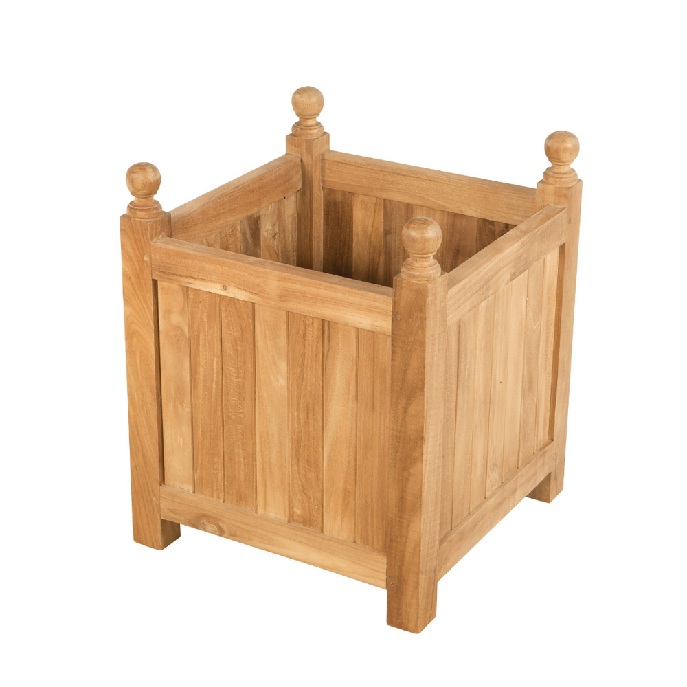 
                  
                    Square teak planter with teak knobs at each corner, on a white background
                  
                