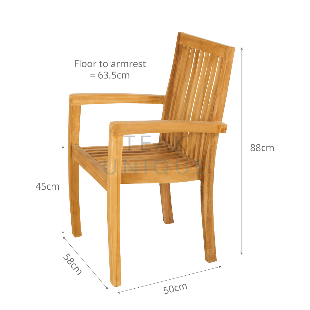 Side view of teak carver chair with dimensions displayed, measuring 88cm high, 50cm deep and 58cm wide