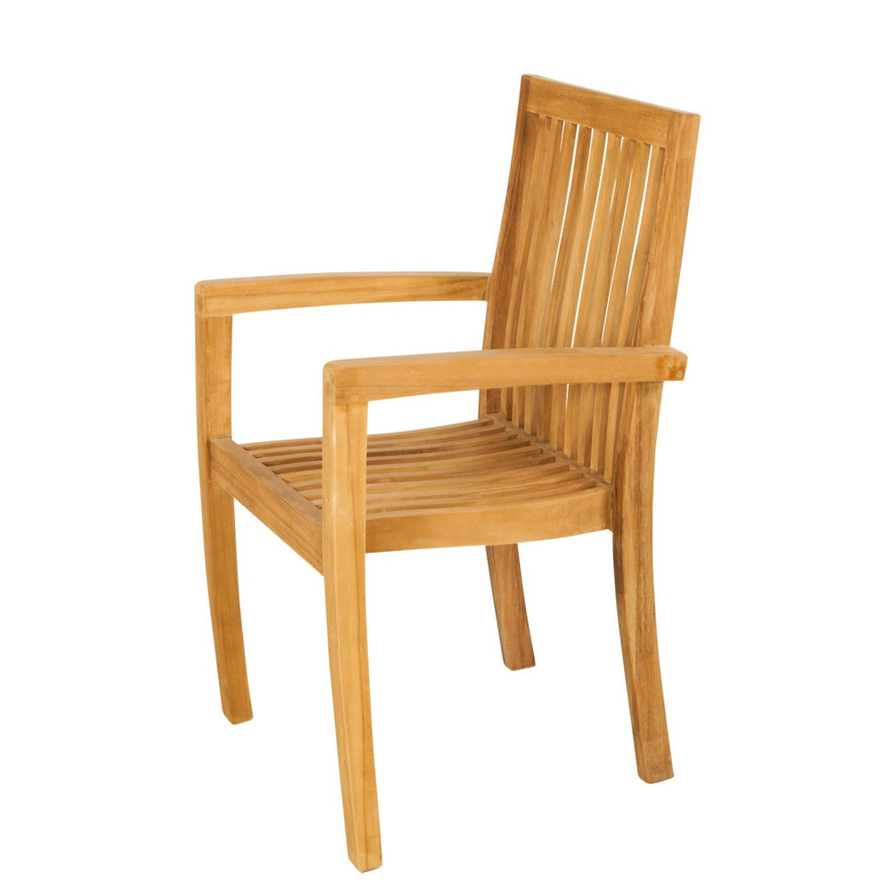 Single teak dining chair with armrests and slatted back and seat, on a white background.   