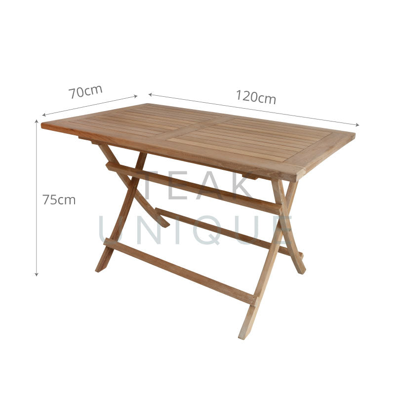 
                  
                    Teak folding rectangular table with dimensions displayed, measuring 120cm long, 70cm deep and 75cm high
                  
                